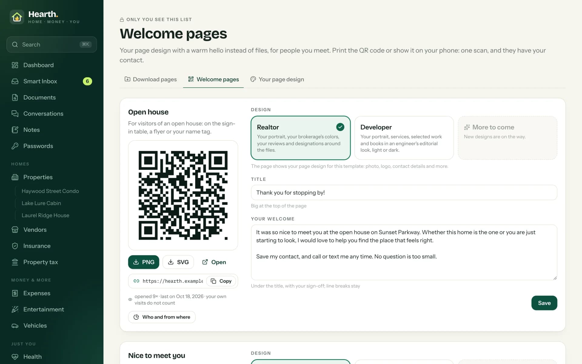 Eine Willkommensseite mit QR-Code, in einer Minute aus einer Vorlage erstellt (Demodaten).
