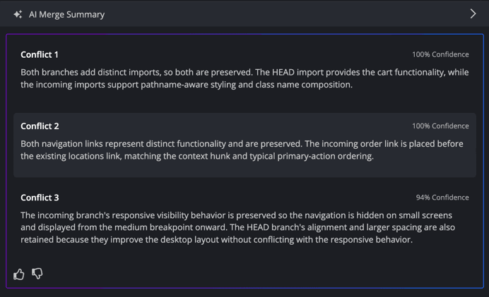 The AI Merge Summary for our header: an explanation and a confidence level for each of the three conflicts.
