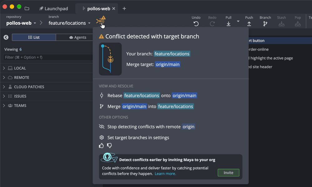 Conflict Prevention, before the merge even starts: my branch, its merge target, and the two ways to resolve it -- rebase or merge.