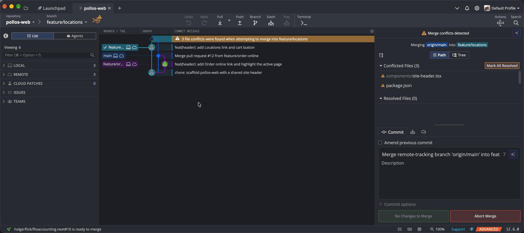 The merge stopped with three conflicted files. Note the Abort Merge button at the bottom right -- and the grayed-out Undo in the toolbar.