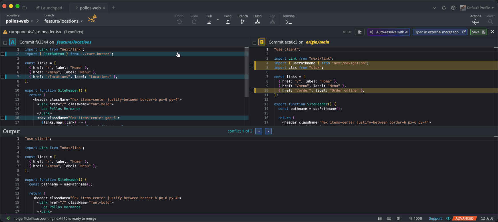 The Merge Tool for site-header.tsx: my branch (A) on the left, origin/main (B) on the right, the syntax-highlighted output at the bottom.