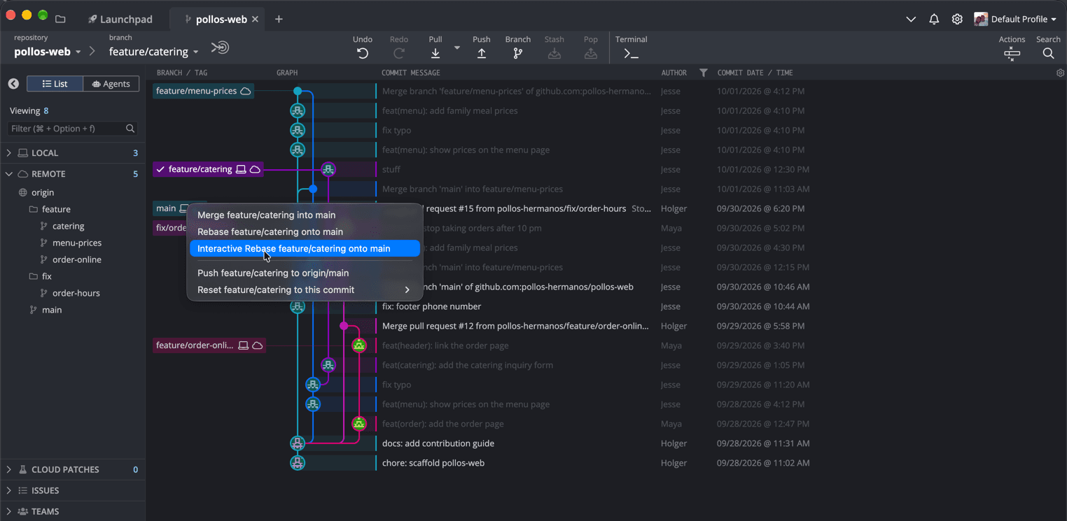 Dropping feature/catering onto main: merge, rebase, interactive rebase, push, or reset.