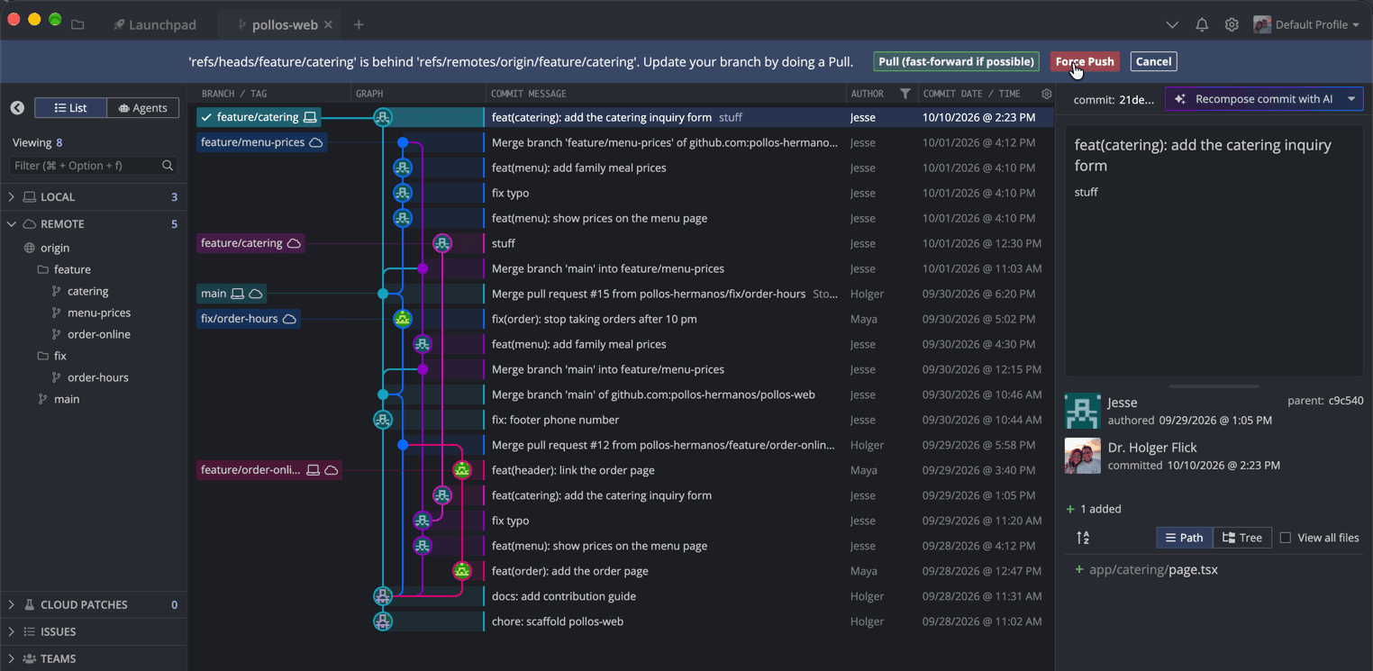 After the rebase, GitKraken calls the branch "behind" and suggests a pull. Right after a rebase, the right button is Force Push.