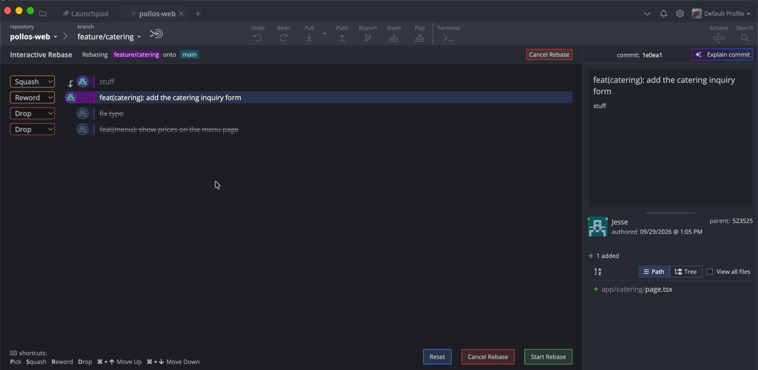 Interactive rebase of feature/catering onto main: two menu commits dropped, "stuff" squashed into the form, which GitKraken switched to Reword on its own.
