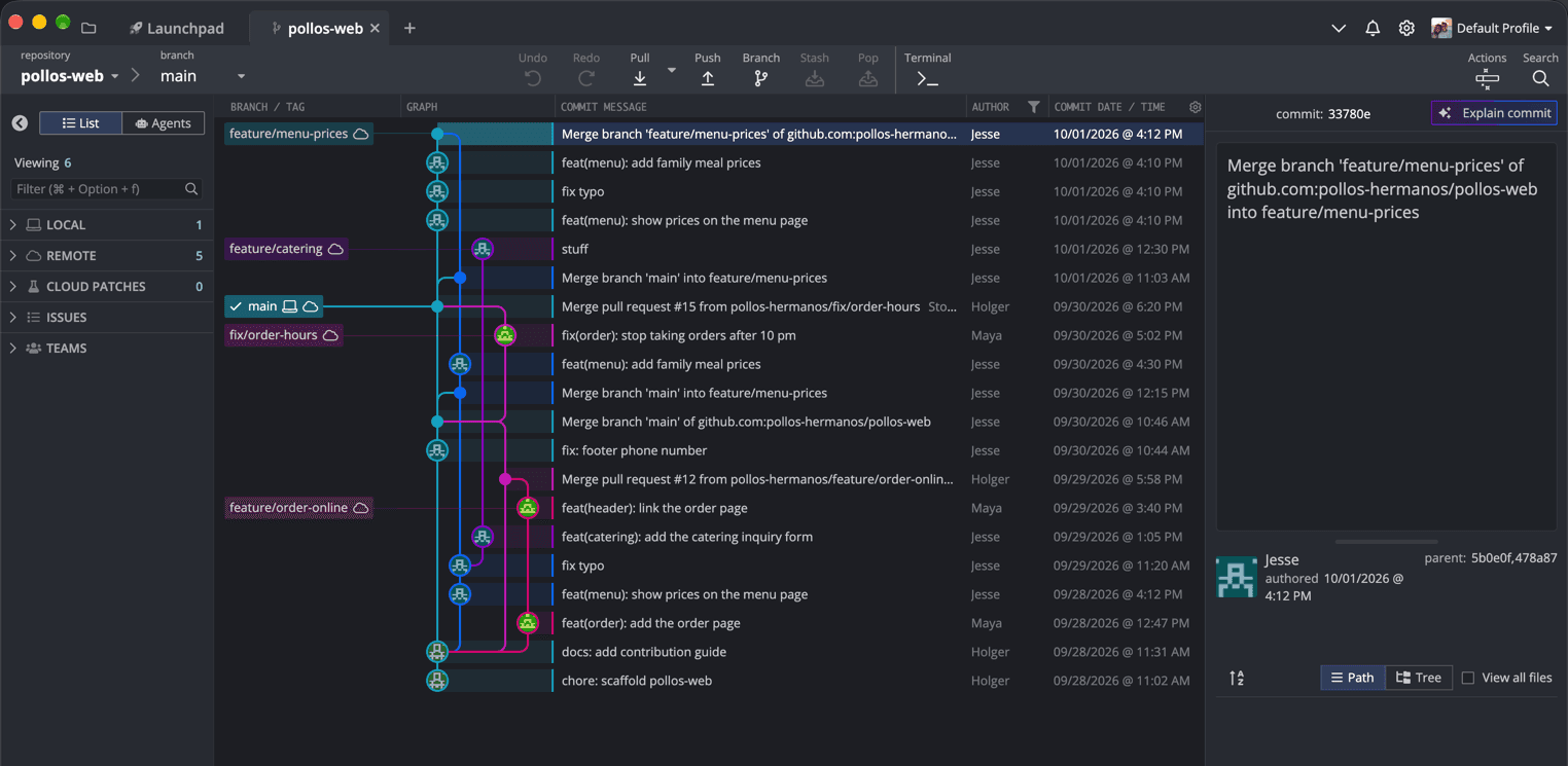 The demo repository right after the fetch: main, two of Maya's merged branches, and Jesse's two feature branches.