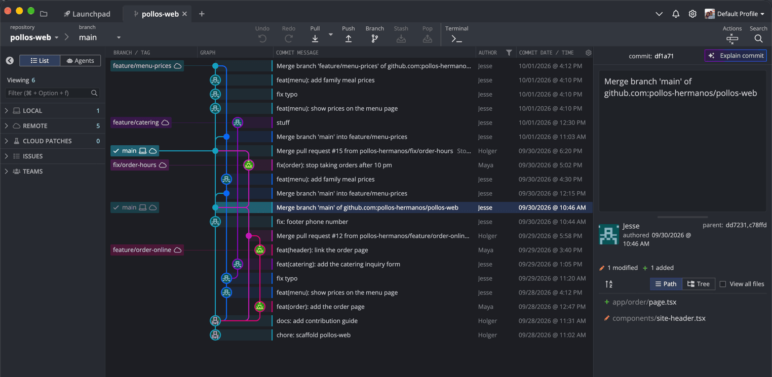 Jesse's commit sits directly on main, glued to PR #12 by a merge that only git pull writes.
