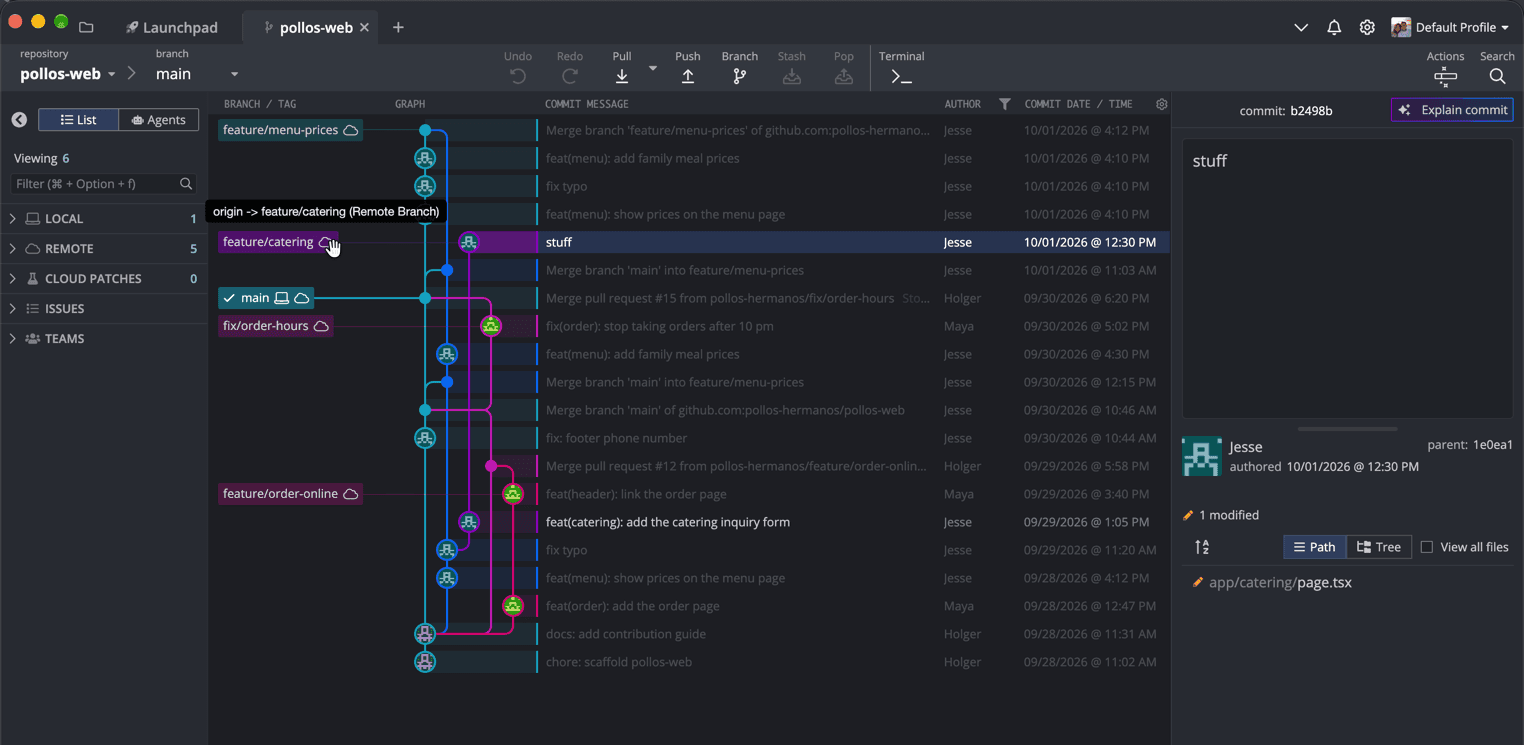 Hovering feature/catering highlights its own two commits -- and its purple lane joins Jesse's blue menu lane at "fix typo", not main.