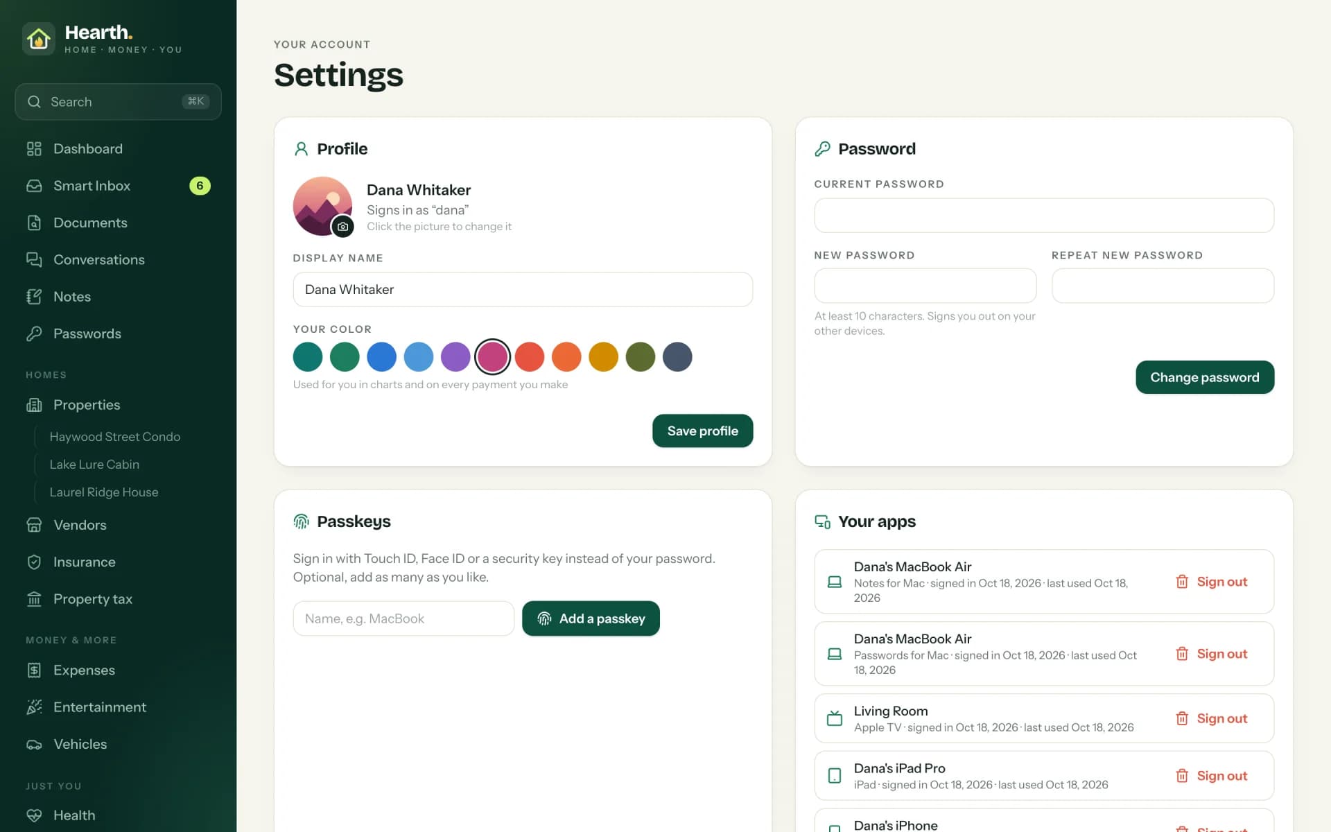 Settings → Your apps: every signed-in app with its kind, when it signed in and when it was last used -- each one can be signed out on its own.